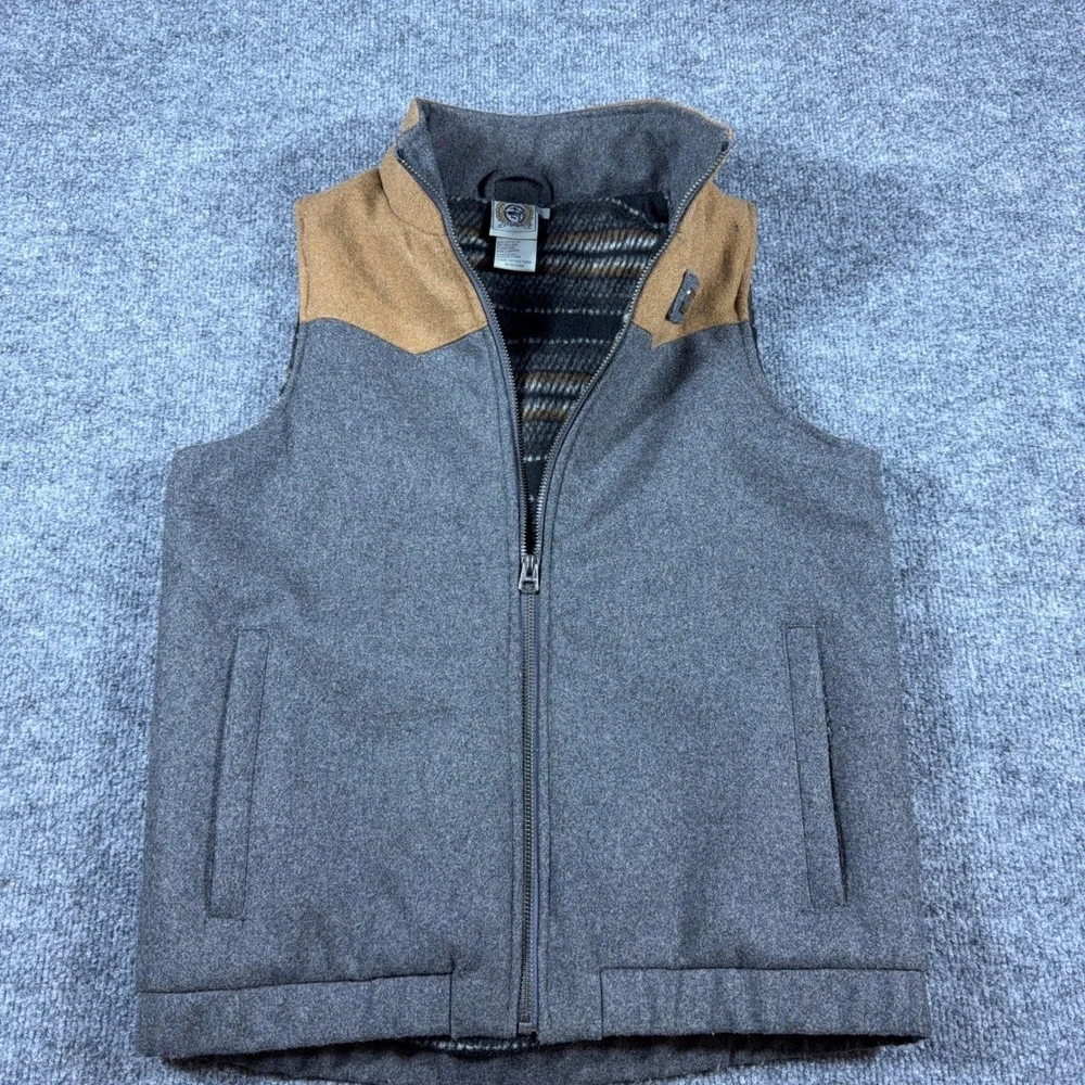 Cinch Wool Blend Western Vest Gray Tan Youth Large Full Zip Outerwear